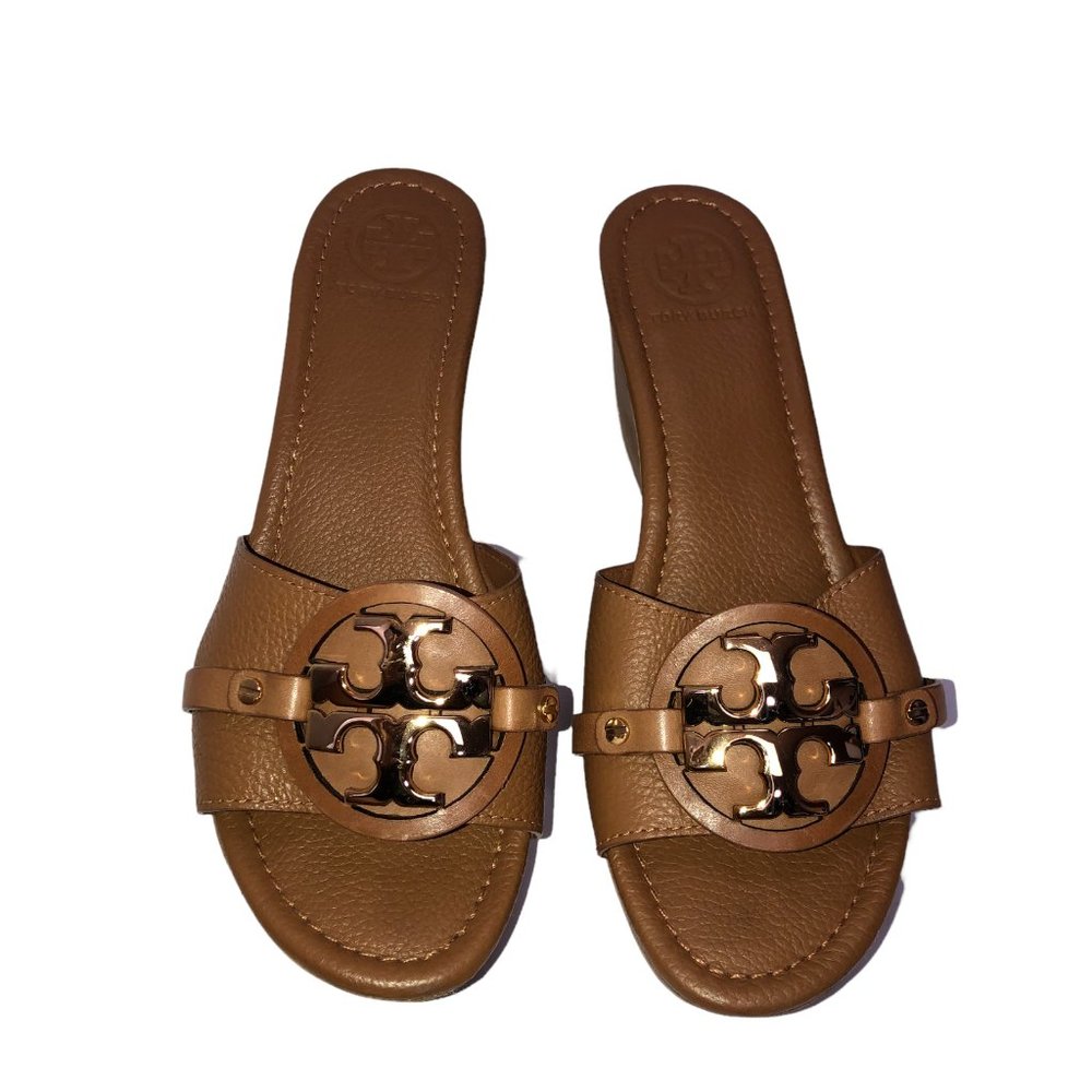 Tory Burch Patti Wedge Sandals Slides Platform Camel Brown Leather Womens 9M 9 - Picture 2 of 12